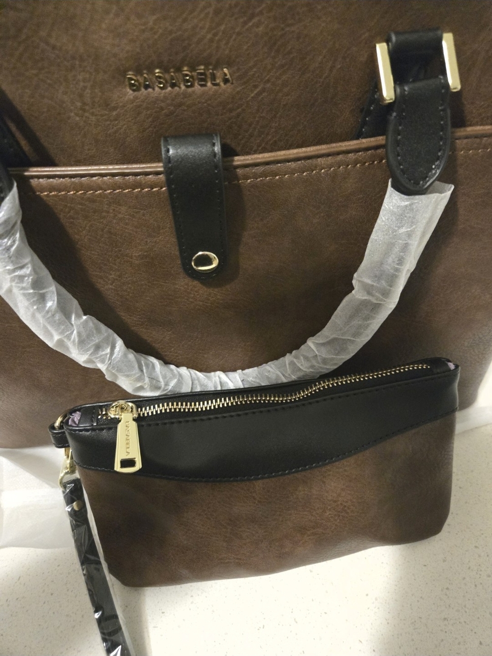 Basa Bella Brown and Black Two-Tone Tote with Wristlet